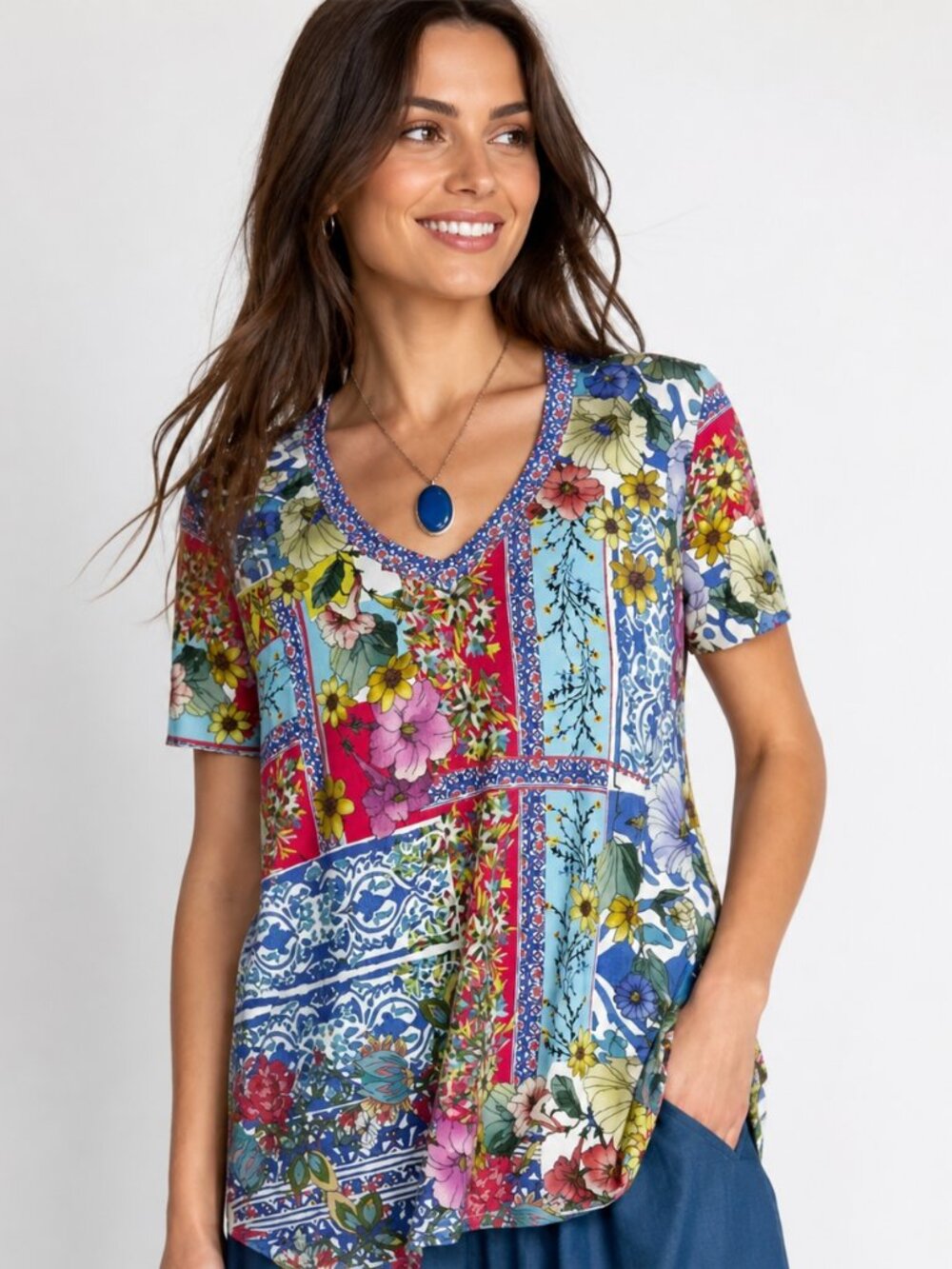 Johnny Was Floral Top Artsy Hippie Stretch V-neck Swing Oversized Small